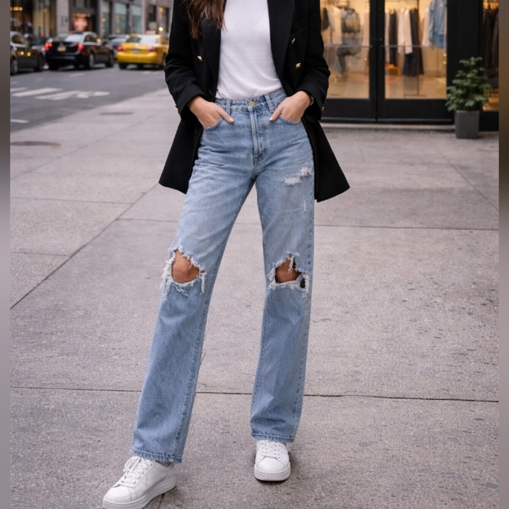AGOLDE 90's Jean High Rise Distressed Straight Leg Jeans Light Wash Denim